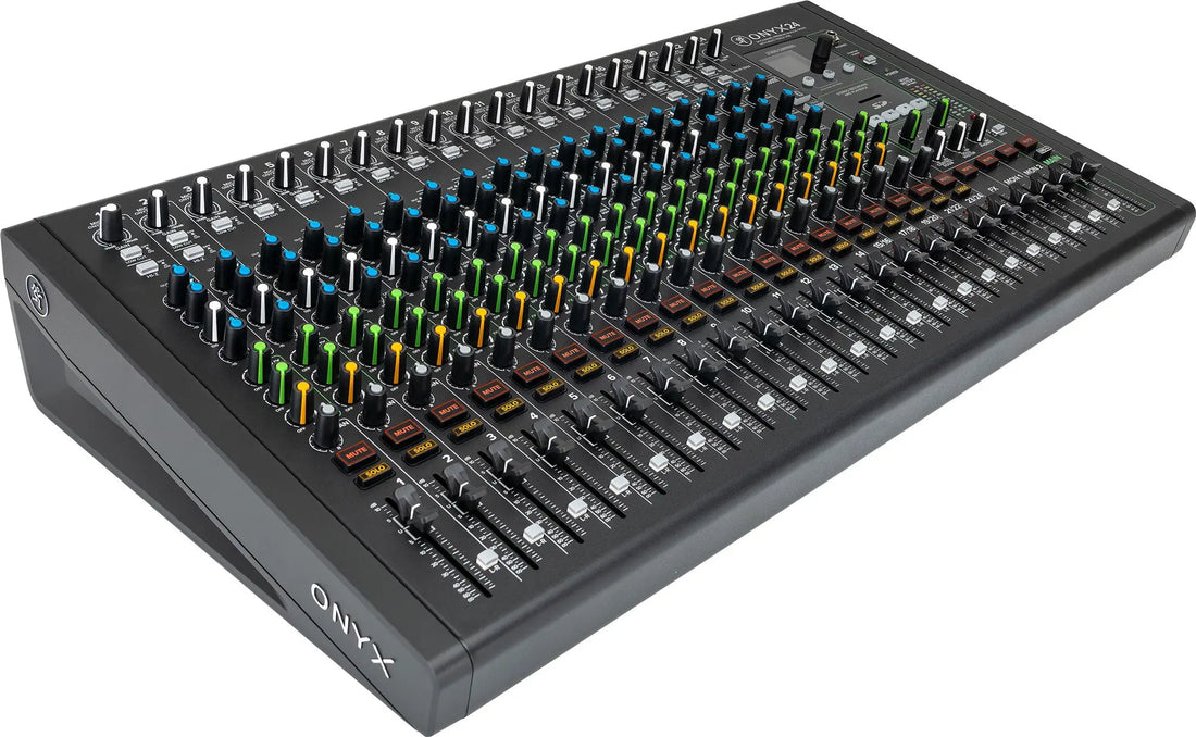 Mackie Onyx24 USB audio mixer side panel showing input and output ports for studio recording