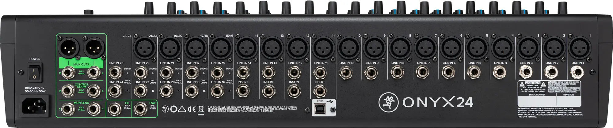 Mackie Onyx24 USB audio mixer side panel showing input and output ports for studio recording”