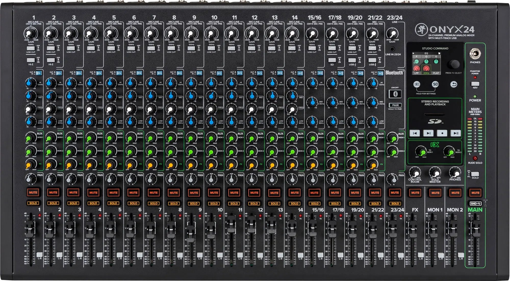 Mackie Onyx24 24-channel premium analog USB mixer front view with full-color LCD and faders”