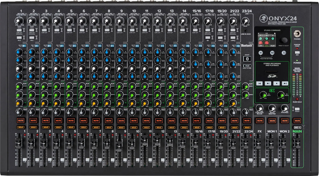Mackie Onyx24 24-channel premium analog USB mixer front view with full-color LCD and faders”