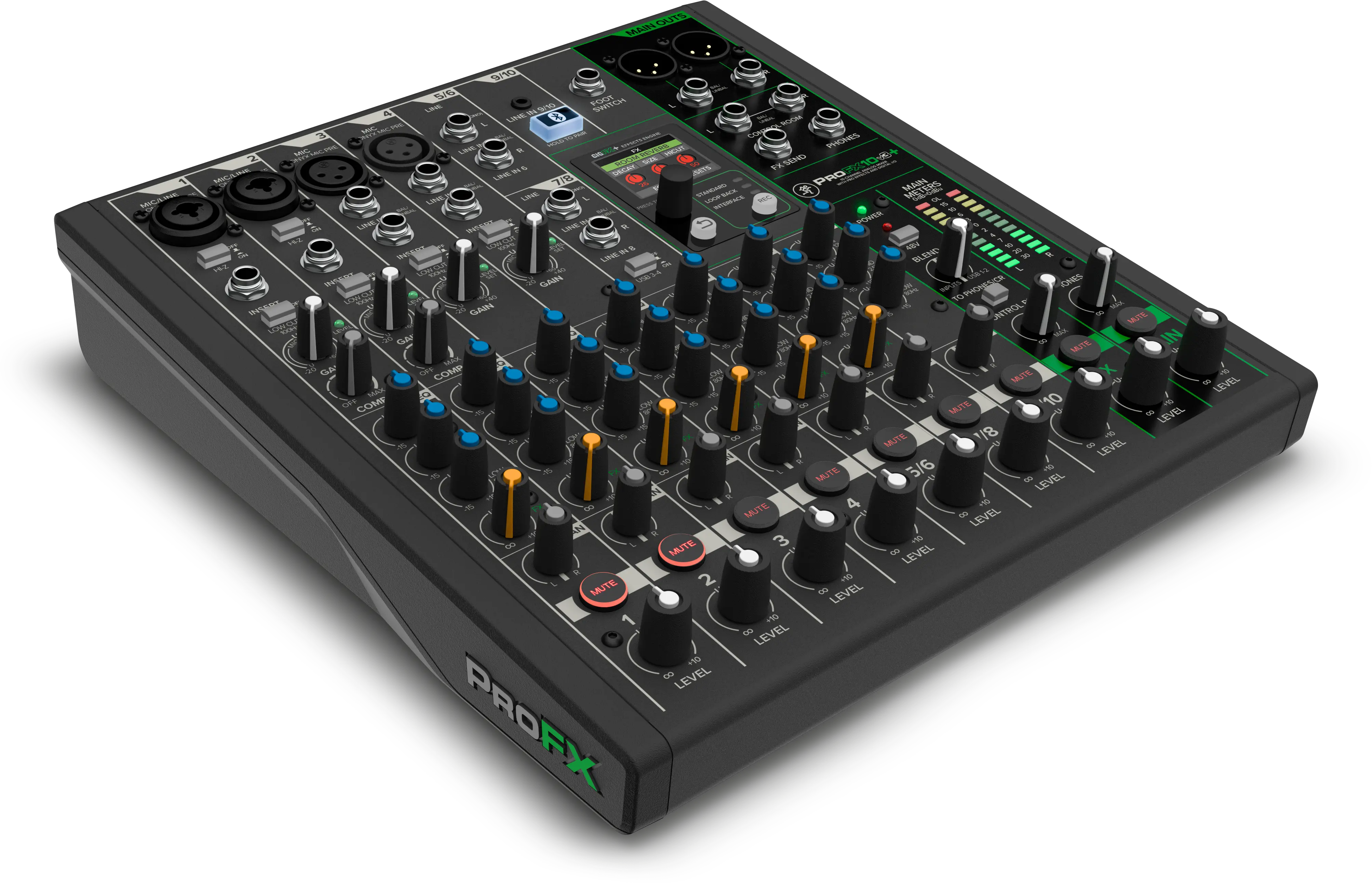 Close-up of GigFX+ LCD screen on Mackie ProFX10v3+