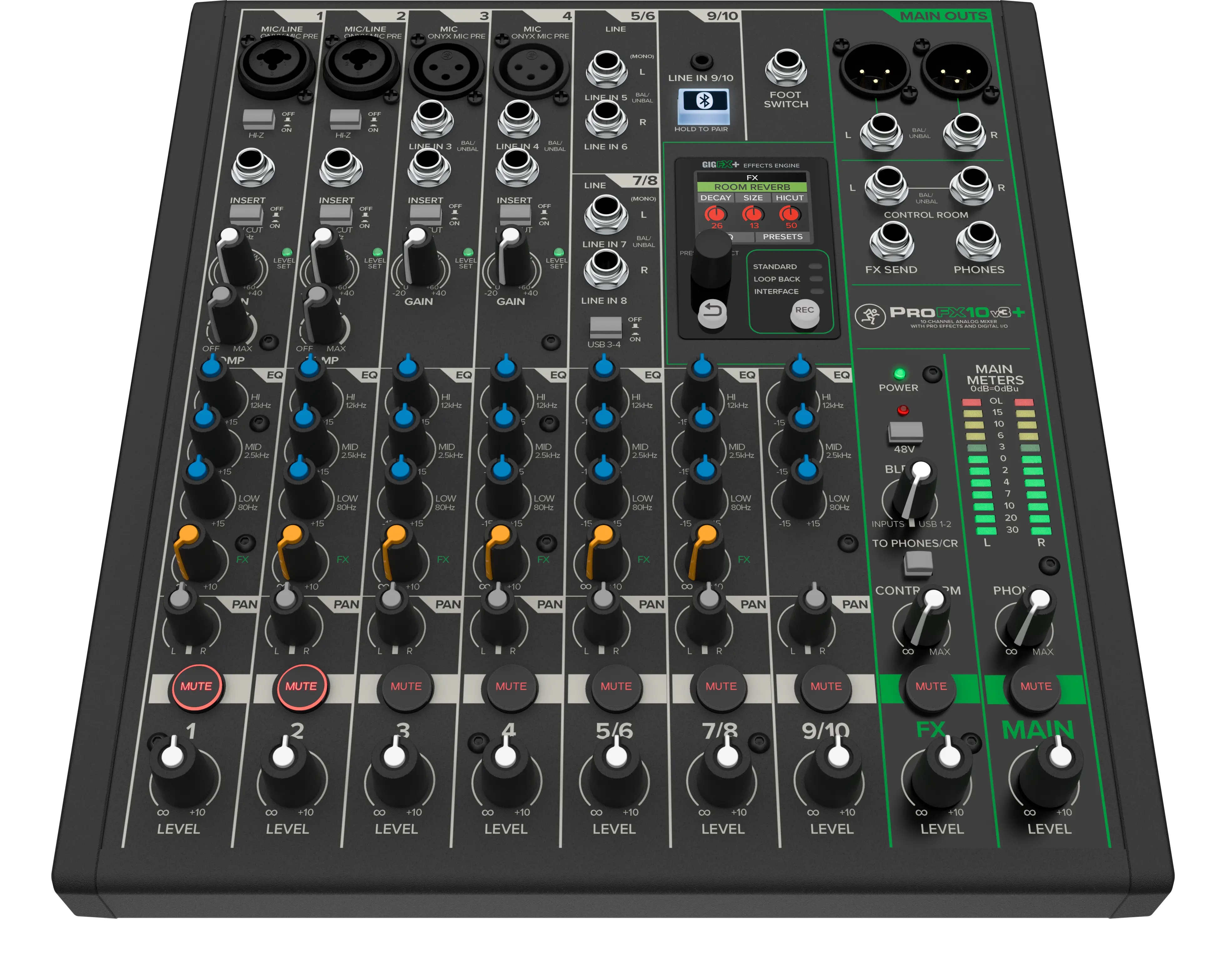 Top panel of Mackie ProFX10v3+ with channels and faders