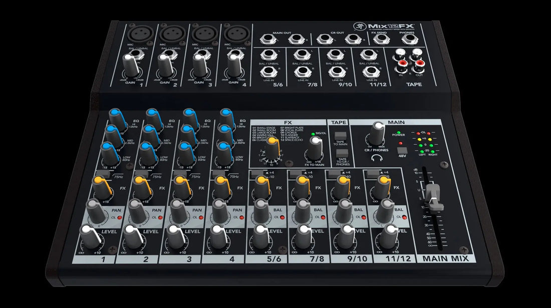 Sound mixing console with various knobs and buttons