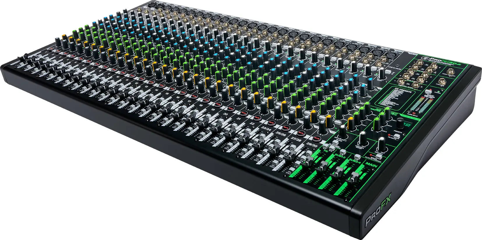 Mackie Sound mixing console with various knobs 