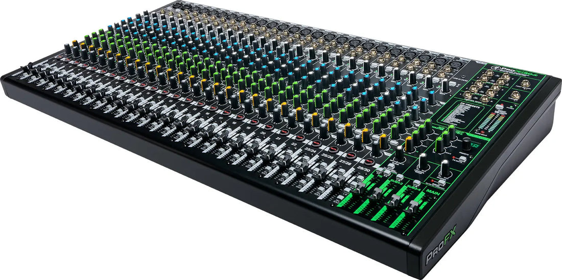 Mackie Sound mixing console with various knobs 