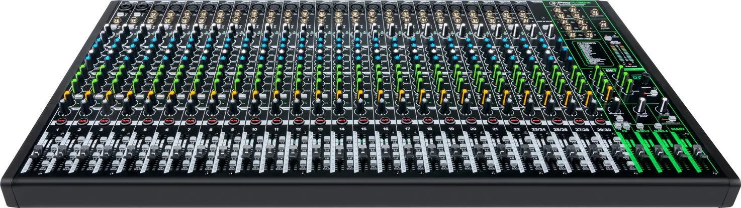 Mackie Sound mixing console with numerous knobs and buttons