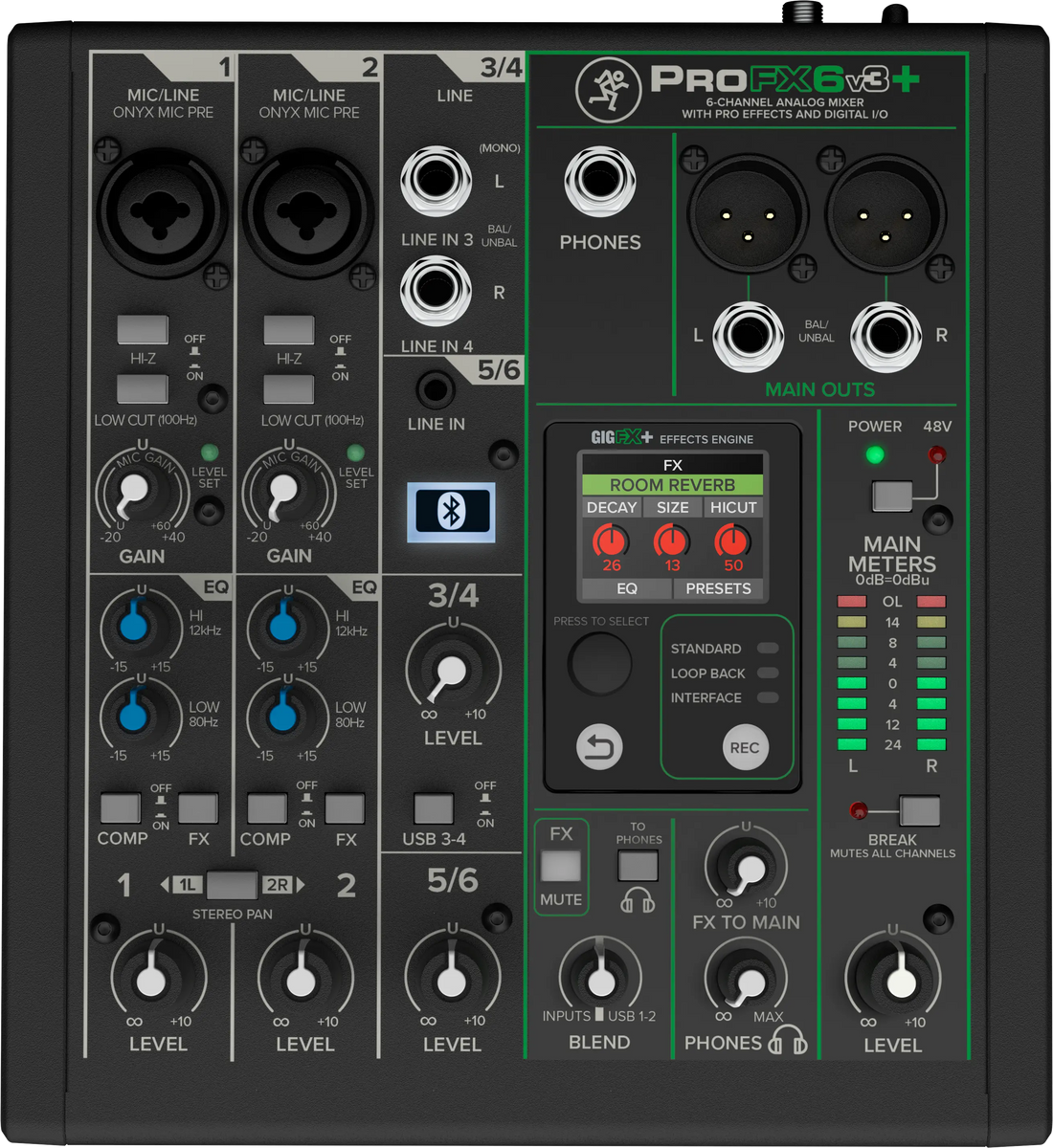 Mackie ProFX6v3+ 6-channel analog mixer with LCD display front view