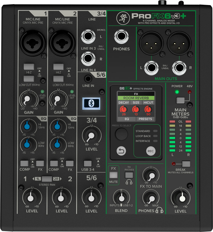 Mackie ProFX6v3+ 6-channel analog mixer with LCD display front view