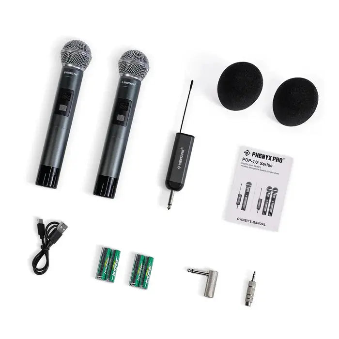 Phenyx_Pro_PDP-2-2H_-_Black_-_Dual_Digital_Portable_Wireless_Microphone_System_-_Flat_Lay_View_of_Complete_Set