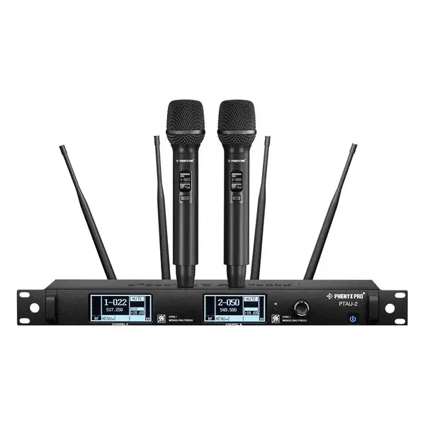 Phenyx Pro PTAU-2 advanced true diversity dual-channel wireless microphone system with receiver and handheld mics