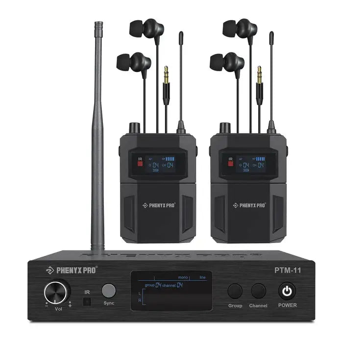 Phenix Pro wireless audio transmitter and receiver system with earbuds