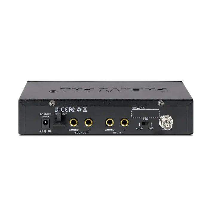 PTM-11-4B wireless IEM transmitter with audio input, loop output, and power connectors