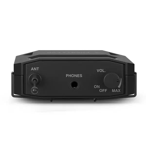 Black audio device with control knobs and labels on a white background