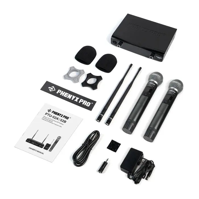 Phenyx Pro PTU-52-2H Black UHF Frequency Hopping Dual Wireless Microphone System Flat Lay View of Complete Set