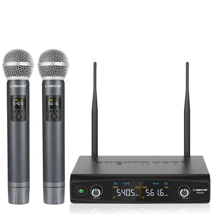 Phenyx Pro PTU-52-2H dual wireless microphone system with receiver and two handheld mics