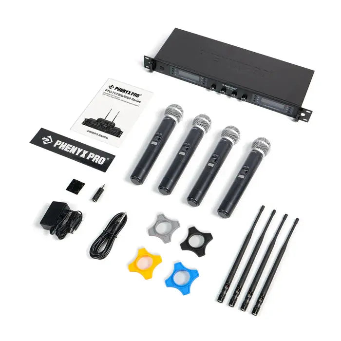 Phenyx Pro PTU-7000-4H_-_Black Professional_Quad-Channel Auto Scan Wireless Microphone System Flat Lay View of Complete Set