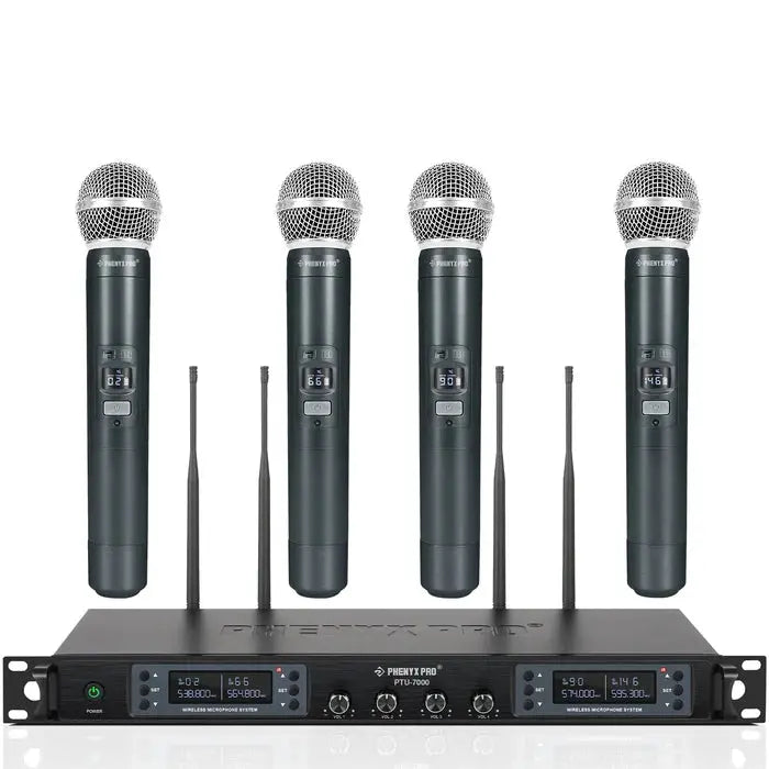 Phenyx Pro PTU-7000-4H quad UHF wireless microphone system with receiver and four handheld mics