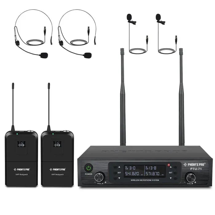 "Phenyx Pro PTU-71-2B dual UHF wireless microphone system with receiver and handheld microphones"