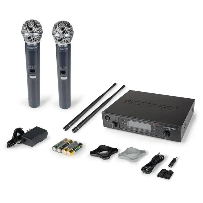 Phenyx Pro PTU-71-2H Black Professional Dual Channel AutoScan Wireless Microphone System Flat Lay View of Complete Set