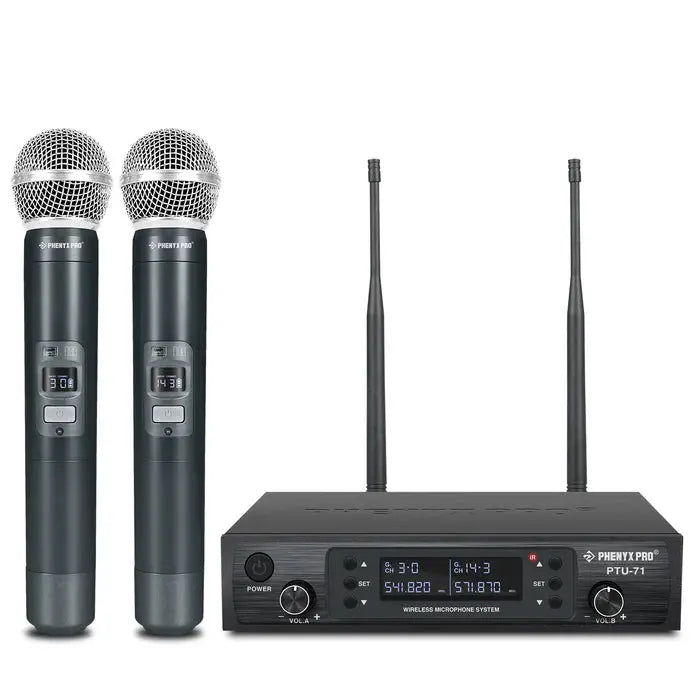 Phenyx ProPTU-71-2H Black Professional Dual Channel Auto Scan Wireless Microphone System Front