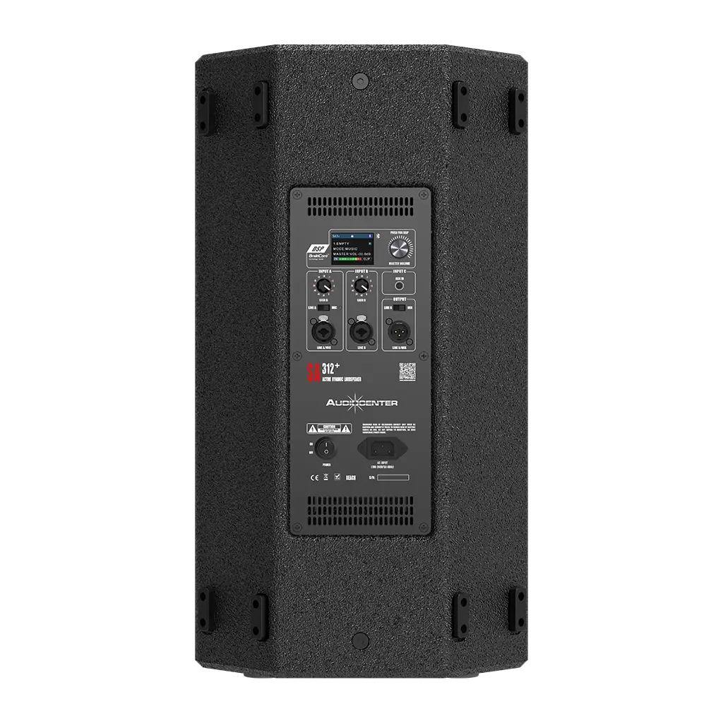 Audiocenter SA312+ rear input panel with controls and connectors.