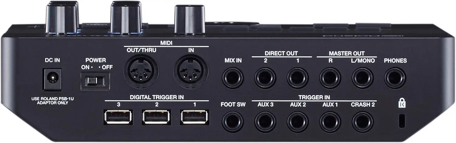 Roland TD-27 Drum Sound Module Back panel of a audio interface with various connectors and labels.