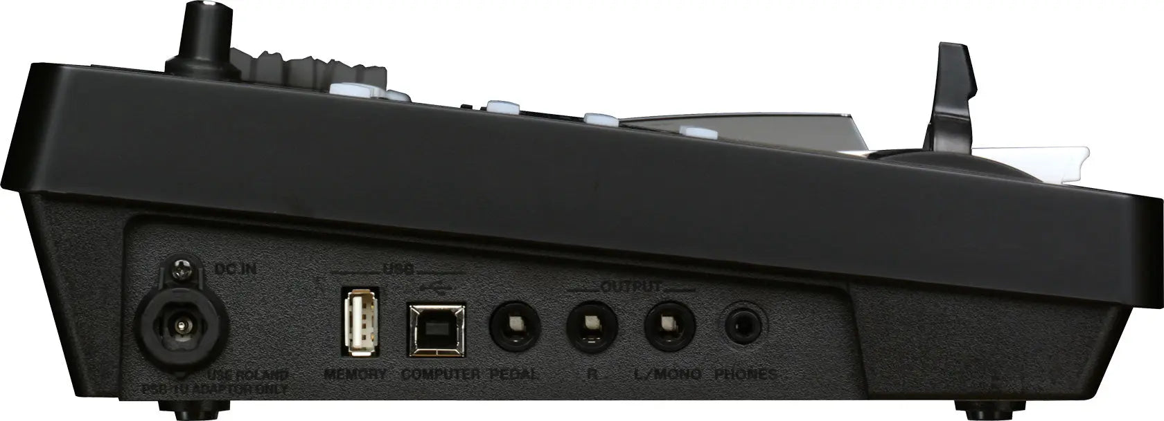 Side view of a black electronic device with various ports and labels 