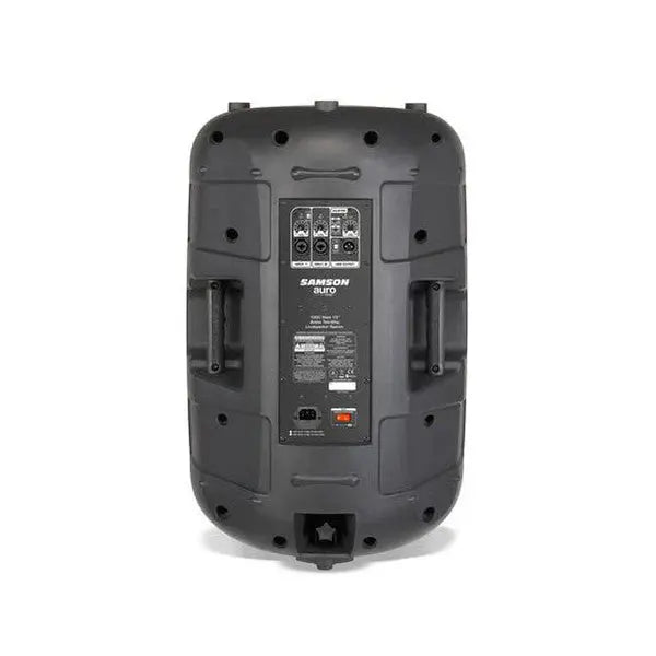 Rear panel of Samson Auro X15D showing dual XLR inputs, volume controls, and EQ presets.