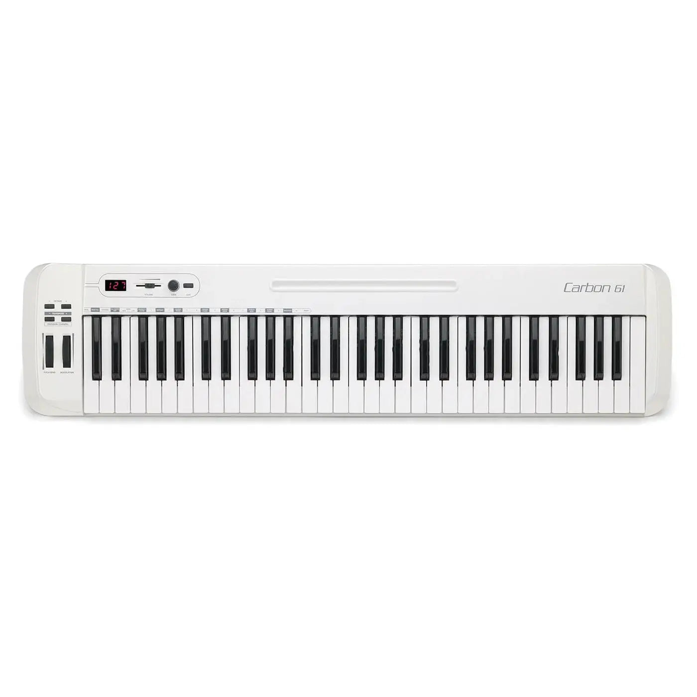 Samson Carbon 61 USB MIDI keyboard controller with pitch bend, modulation wheels, and LED display.