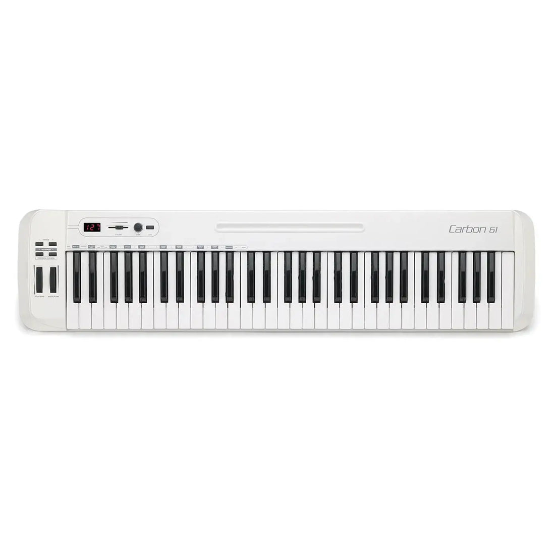Samson Carbon 61 USB MIDI keyboard controller with pitch bend, modulation wheels, and LED display.