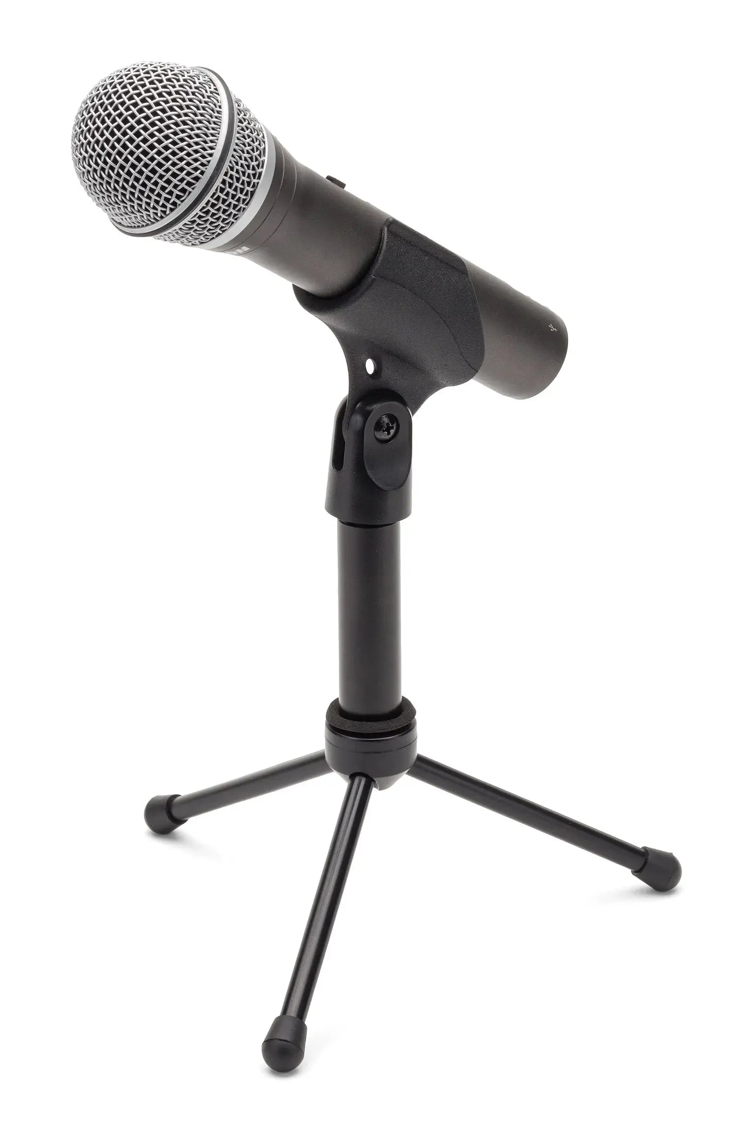 Front view of Samson Q2U microphone with windscreen and tripod stand.