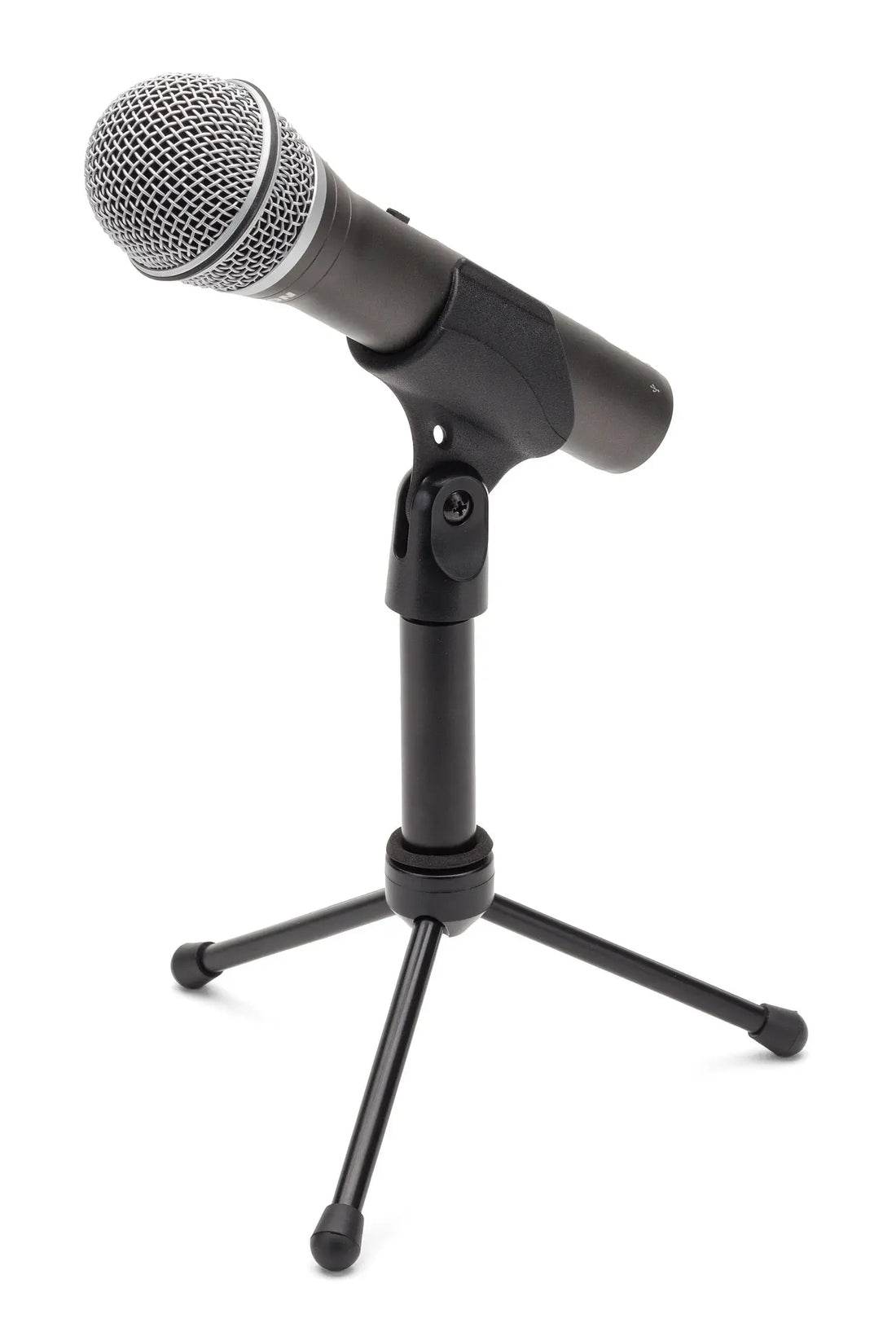 Front view of Samson Q2U microphone with windscreen and tripod stand.