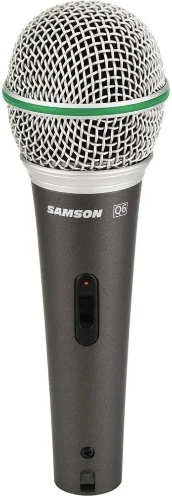 Front view of Samson Q6 dynamic microphone with metal grille and on/off switch.