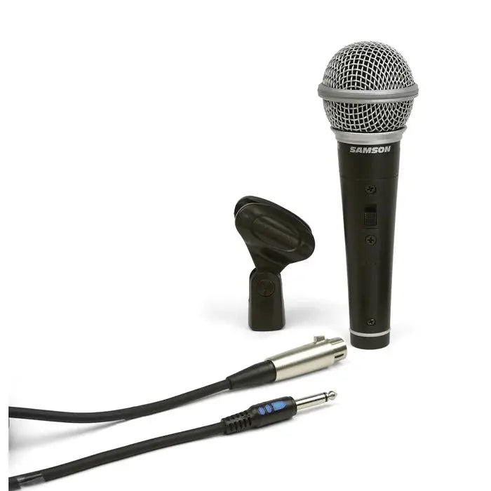 Samson R21S microphone with included XLR to ¼″ cable and mic clip.