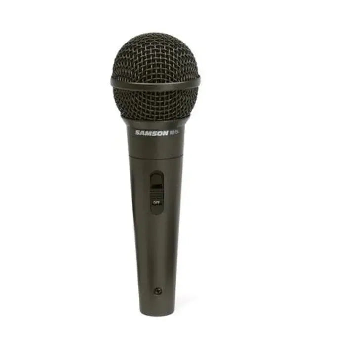 Front view of Samson R31S dynamic microphone with metal grille and On/Off switch.