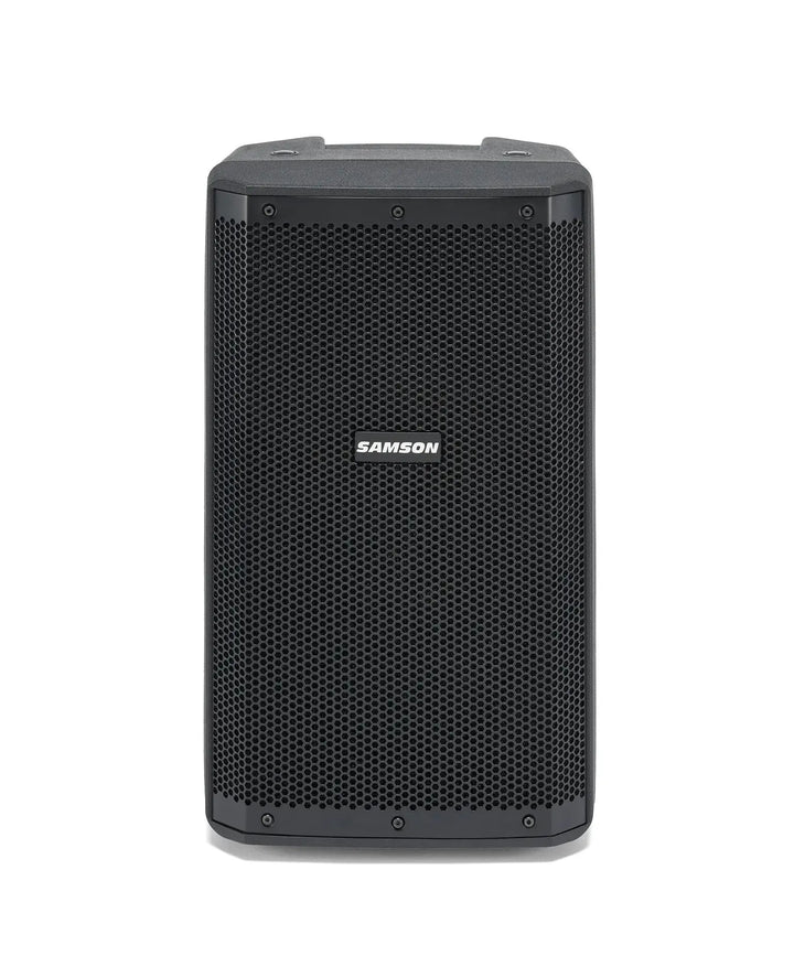 Front view of Samson RS110A active loudspeaker showing 10-inch woofer and metal grille.