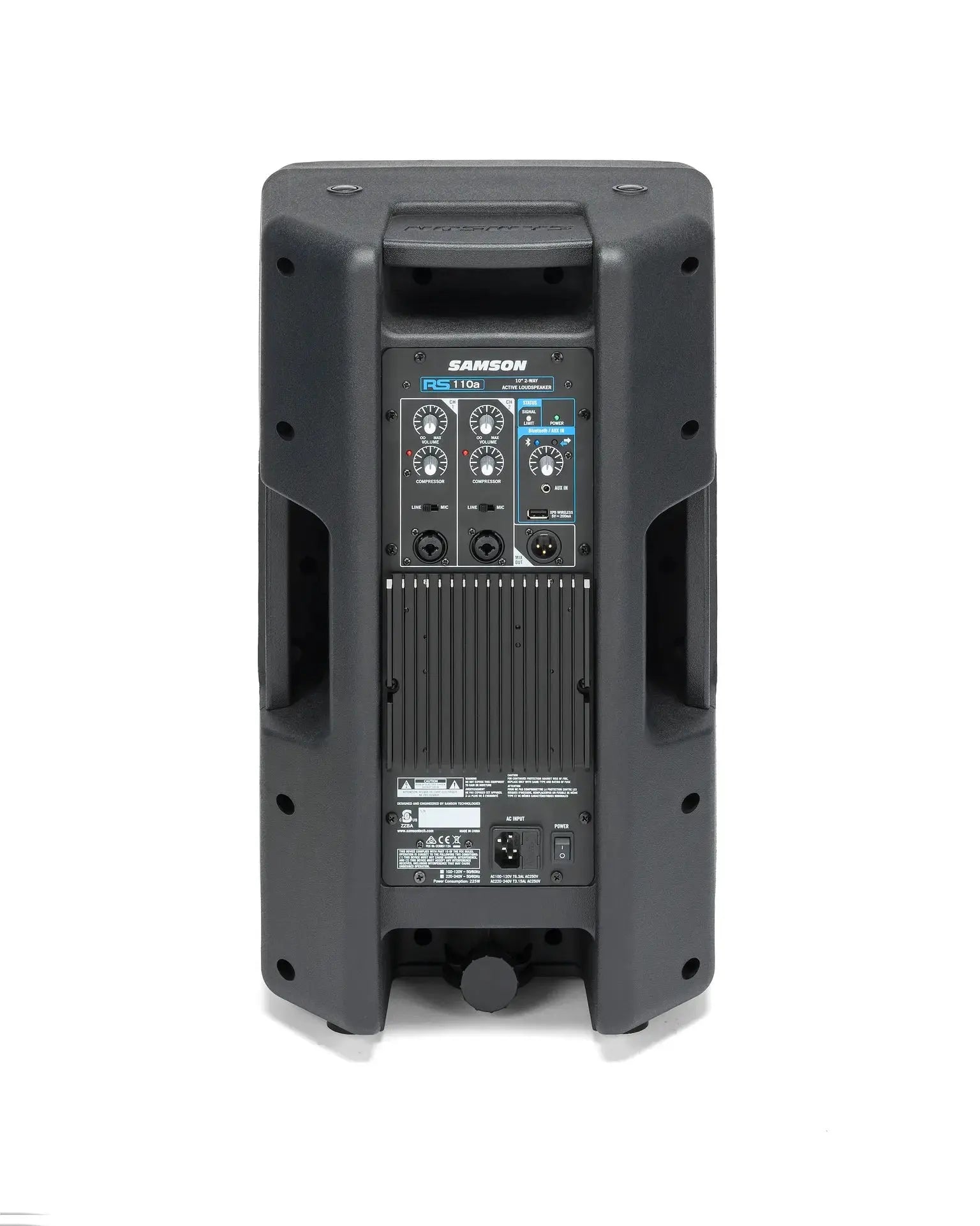 Rear view of Samson RS110A with XLR inputs, Bluetooth, and mixer controls.