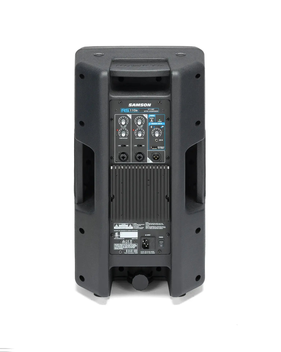 Rear view of Samson RS110A with XLR inputs, Bluetooth, and mixer controls.