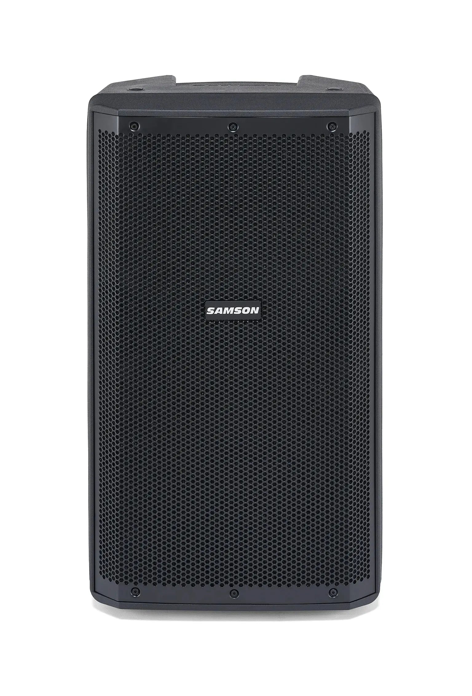 Front view of Samson RS112A active speaker showing 12-inch woofer and full metal grille.