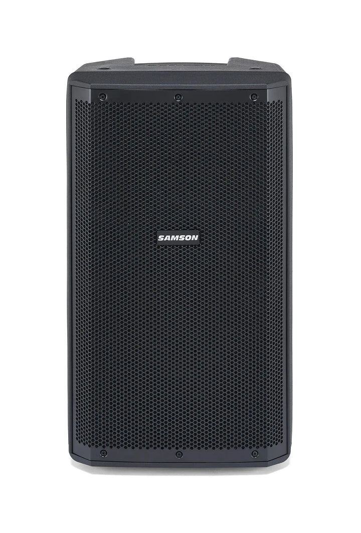 Front view of Samson RS112A active speaker showing 12-inch woofer and full metal grille.
