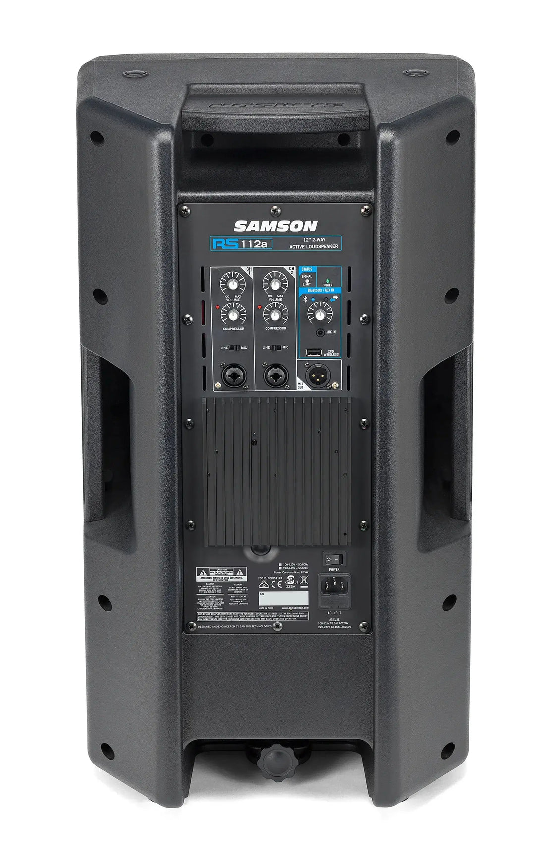 Rear panel of Samson RS112A with Bluetooth control, XLR combo inputs, and USB wireless port.