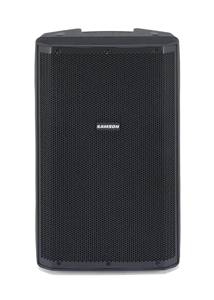 Front view of Samson RS115A showing 15-inch woofer and full perforated metal grille