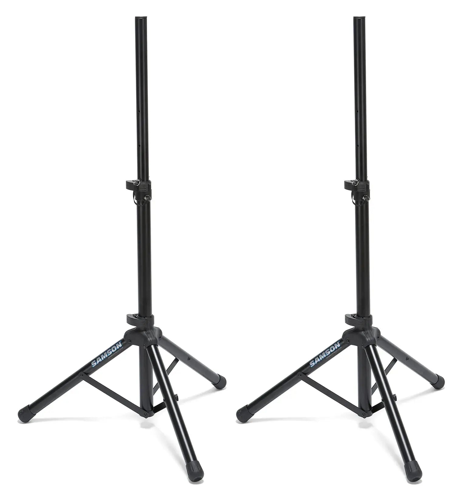 Two black speaker stands on a white background with Samson branding.
