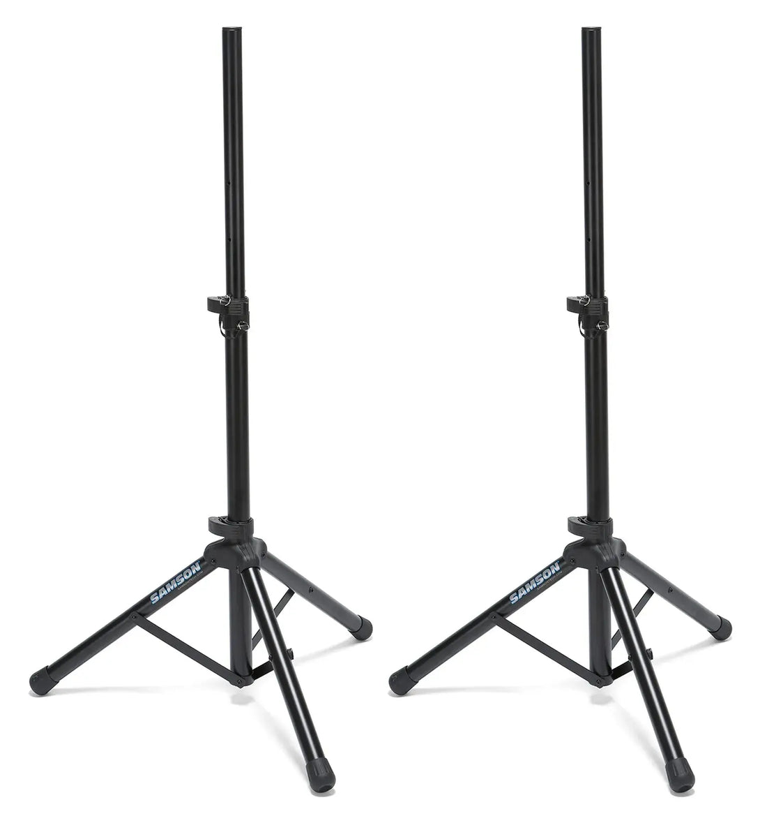 Two black speaker stands on a white background with Samson branding.