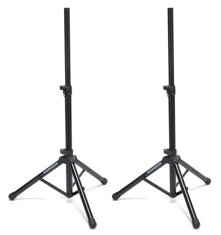 Two black speaker stands on a white background with Samson branding.
