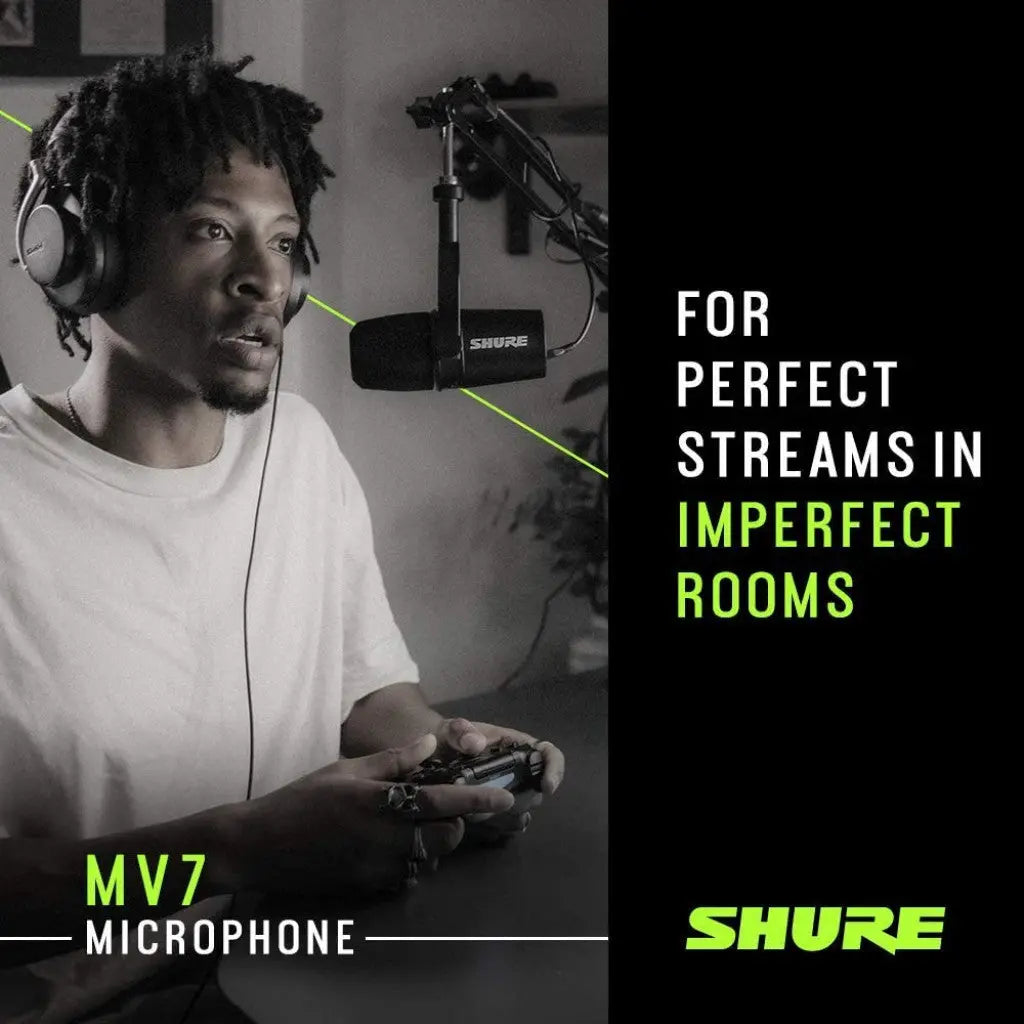 Person with headphones and microphone, text 'For perfect streams in imperfect rooms' and 'Shure MV7 Microphone'.