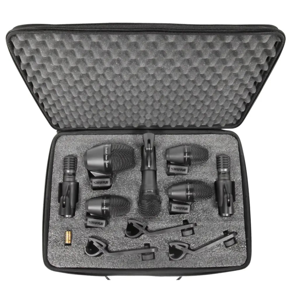 Set of microphones in a gray carrying case 