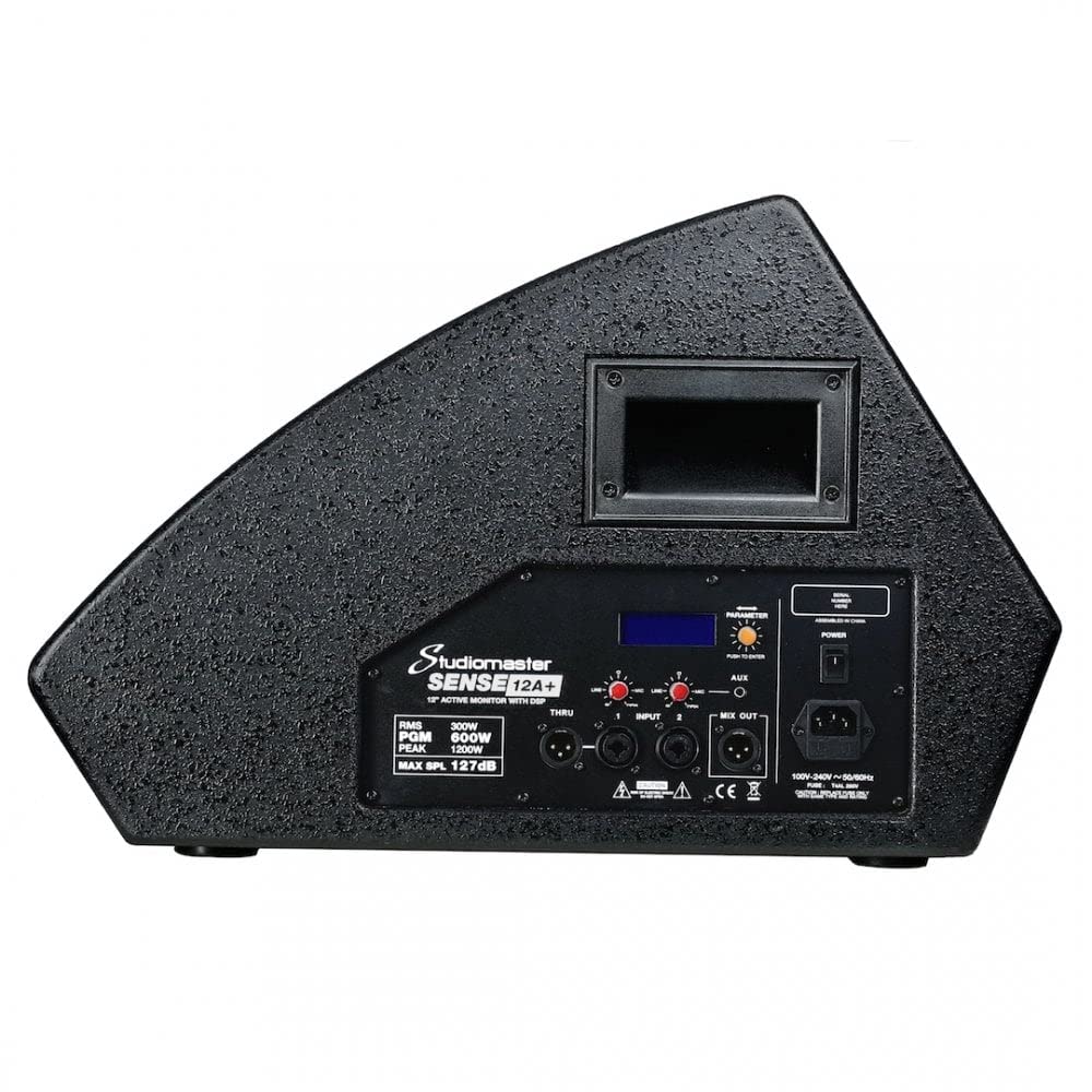 Back view of a black audio speaker with control panel on a white background