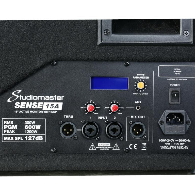 Back panel of a Studiomaster Sense 15A active monitor with various connectors and labels.