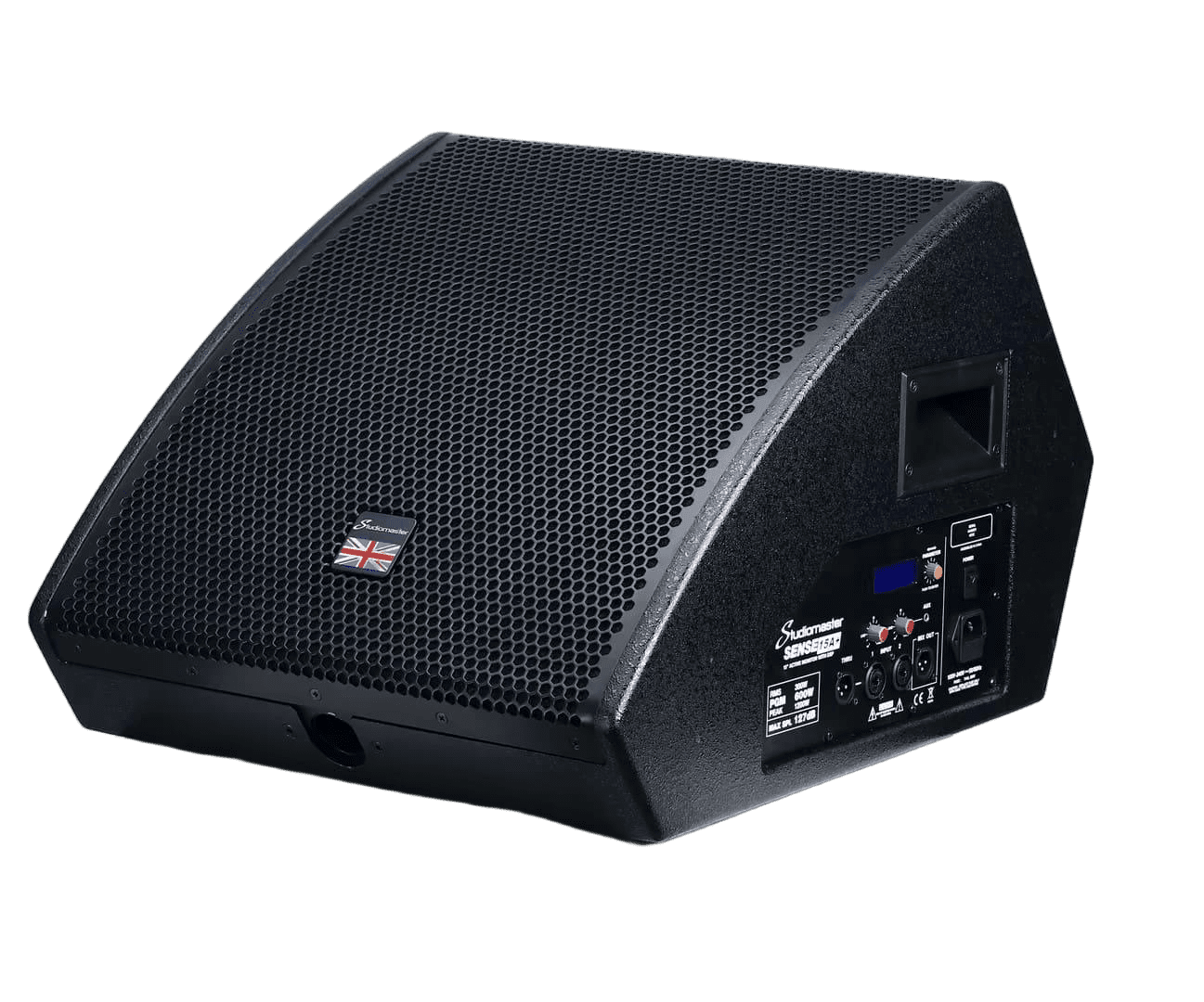 Black speaker with brand logo on a white background